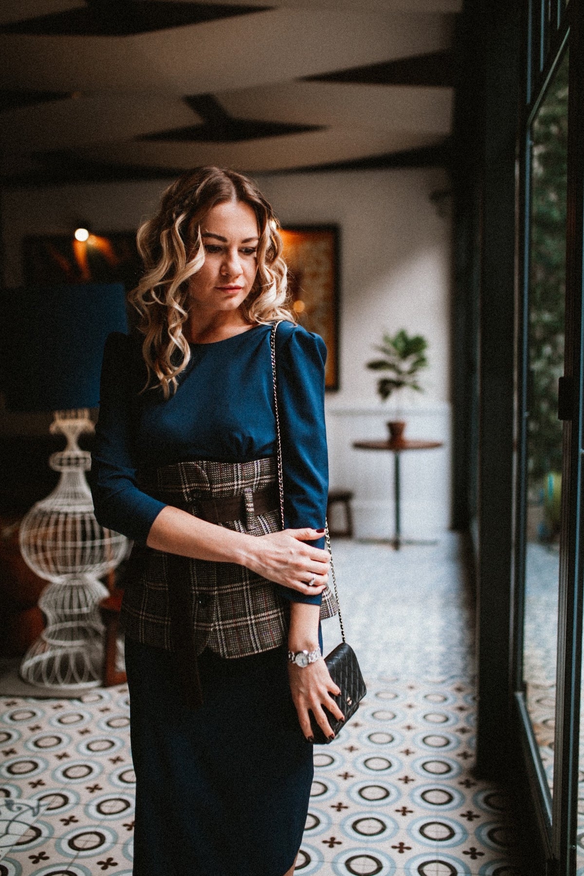 Women business work blue office wool pencil dress, 100% Italian wool of premium quality