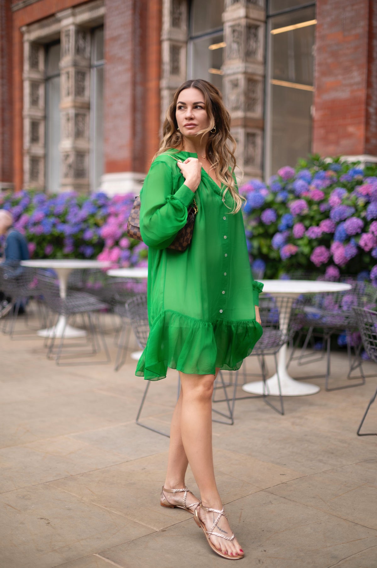 Green Silk Tulle Chiffon Flowy Midi Dress Minimalist Design