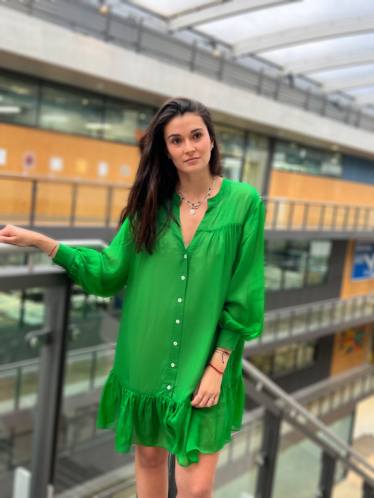 Green Silk Tulle Chiffon Flowy Midi Dress Minimalist Design