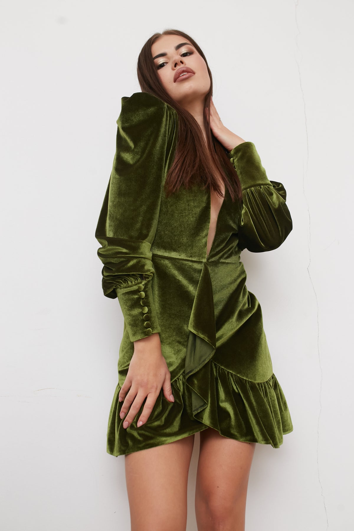 Velvet Bridesmaid Dress, Puff Sleeve Dress, Little Black Dress, 90's Dress, 90's Fashion, Olive Evening Dress, Deep V-neck Cocktail Dress