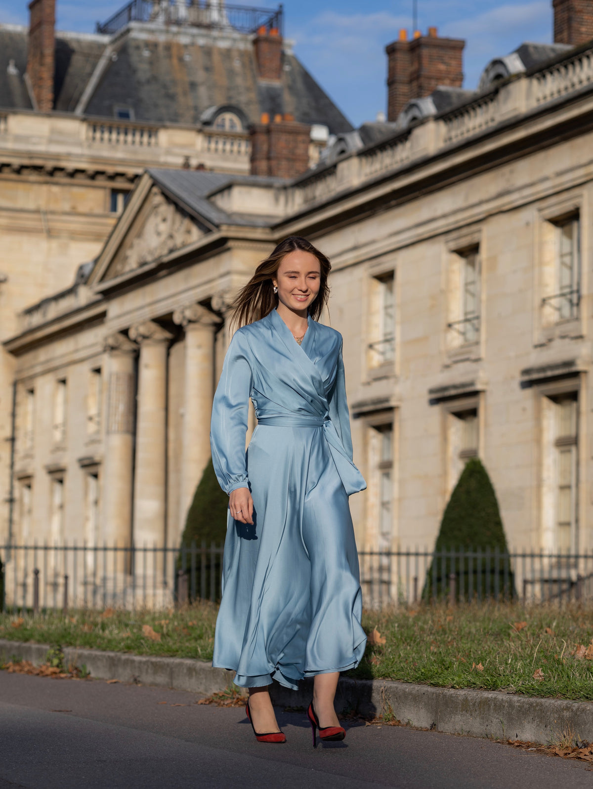 Dusty Blue Long Bridesmaid Dress, Mother of Bride Wedding Guest Light Blue Satin Dress