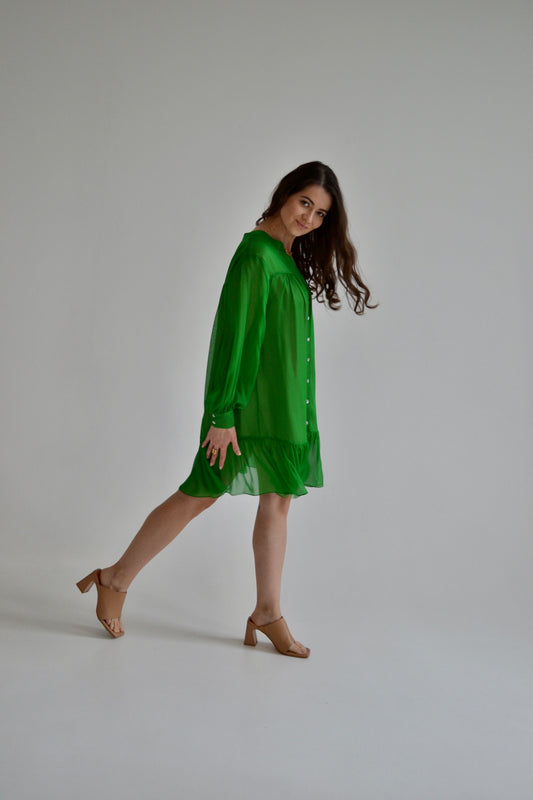 Green Silk Tulle Chiffon Flowy Midi Dress Minimalist Design