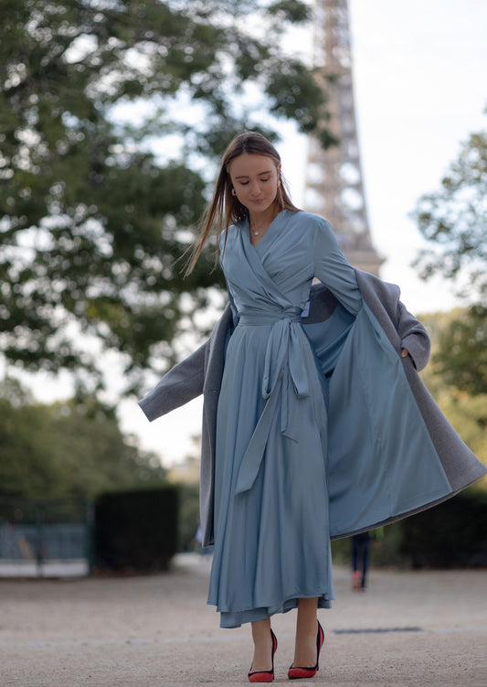 Dusty Blue Long Bridesmaid Dress, Mother of Bride Wedding Guest Light Blue Satin Dress