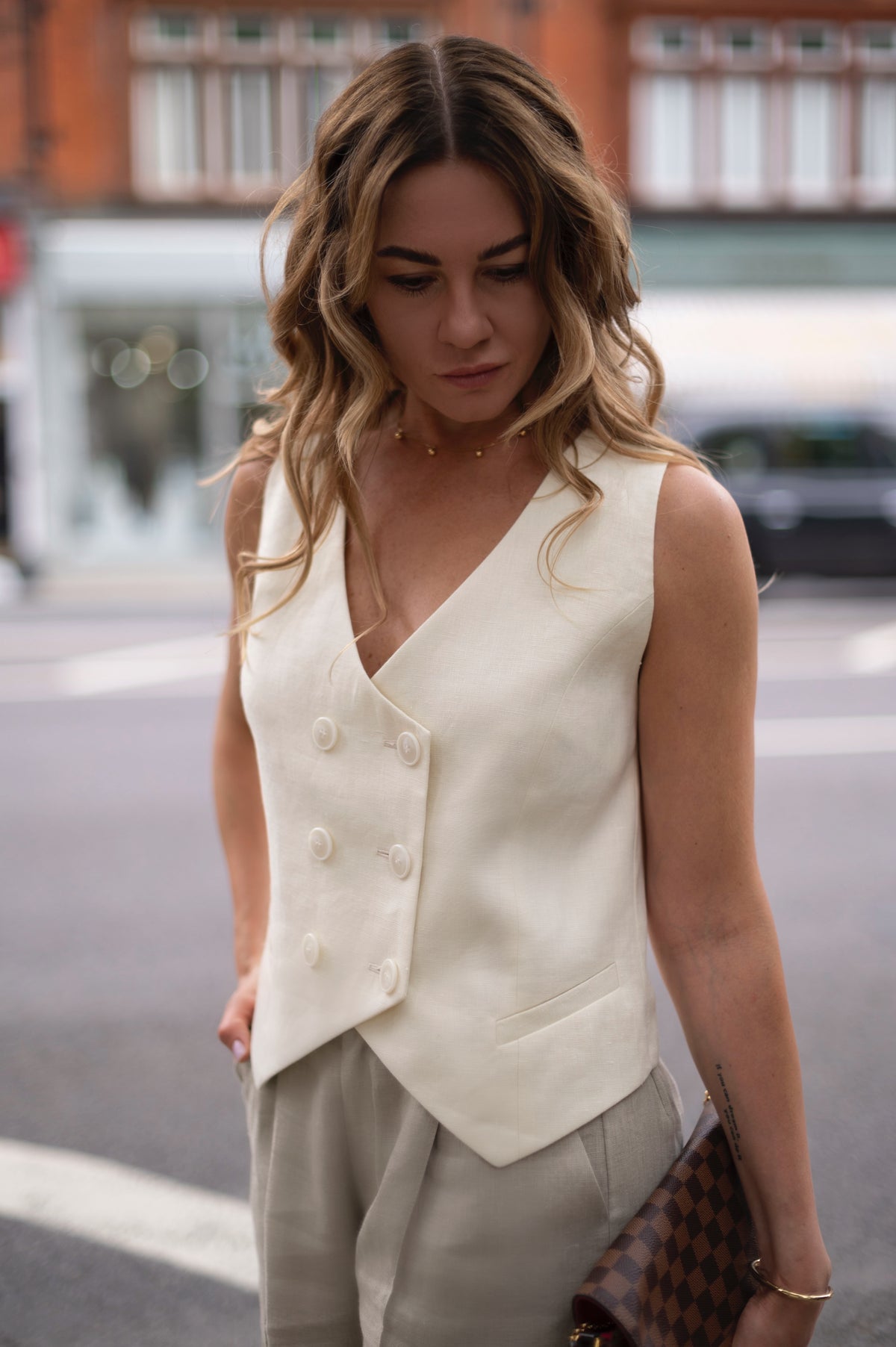 Women Linen V-neck 6 Button Waistcoat - Evening Casual Vest Women White Linen Double Breasted