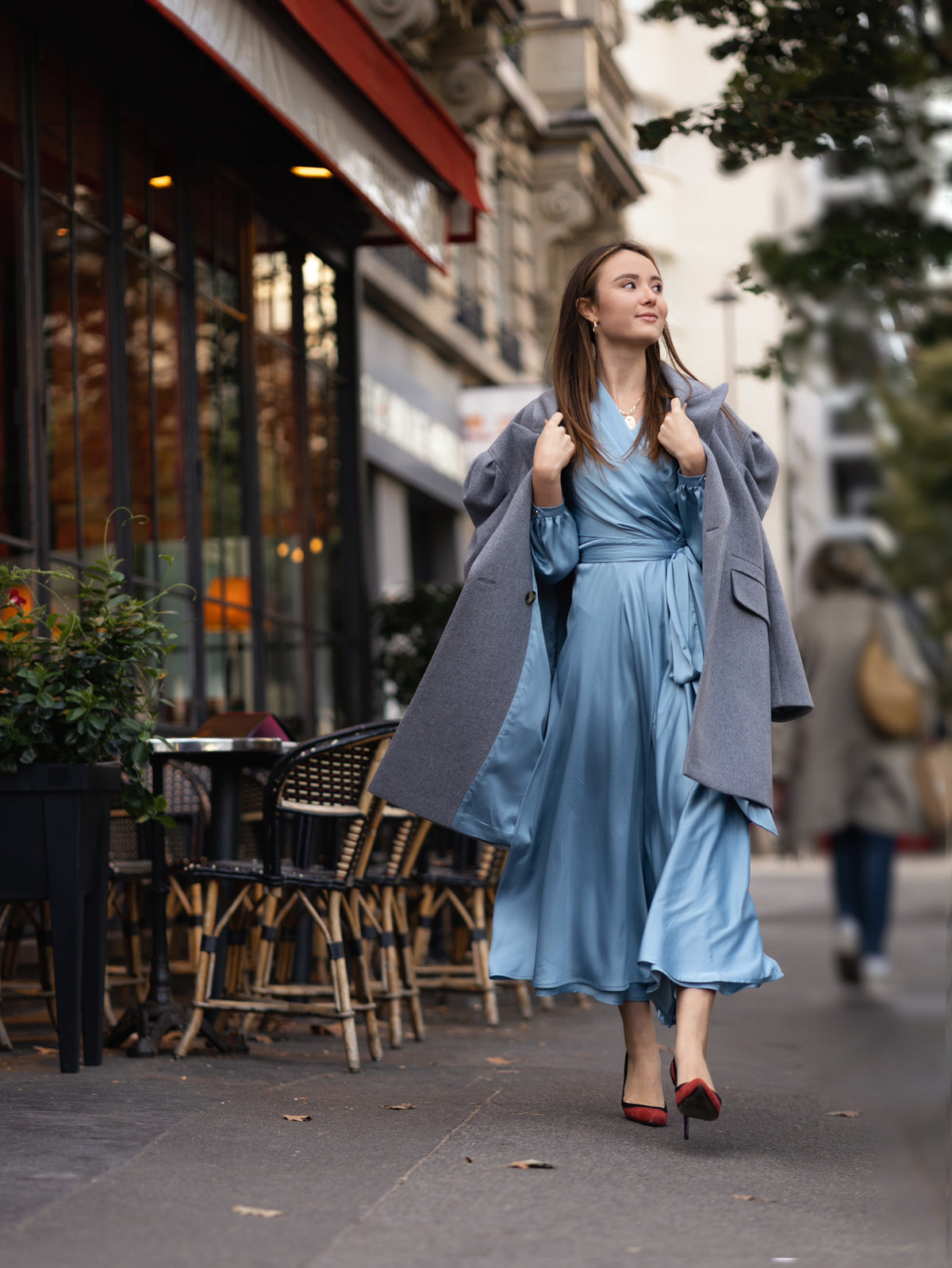 Dusty Blue Long Bridesmaid Dress, Mother of Bride Wedding Guest Light Blue Satin Dress