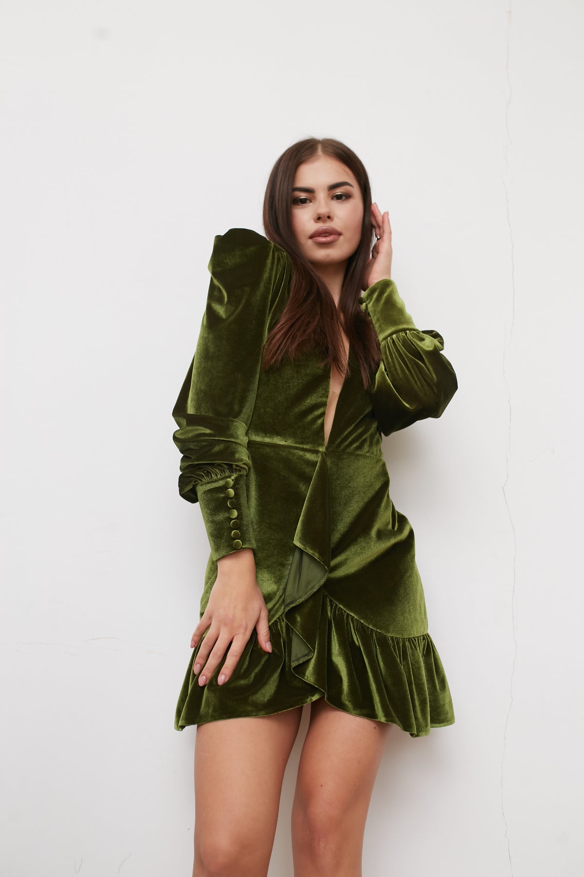 Velvet Bridesmaid Dress, Puff Sleeve Dress, Little Black Dress, 90's Dress, 90's Fashion, Olive Evening Dress, Deep V-neck Cocktail Dress