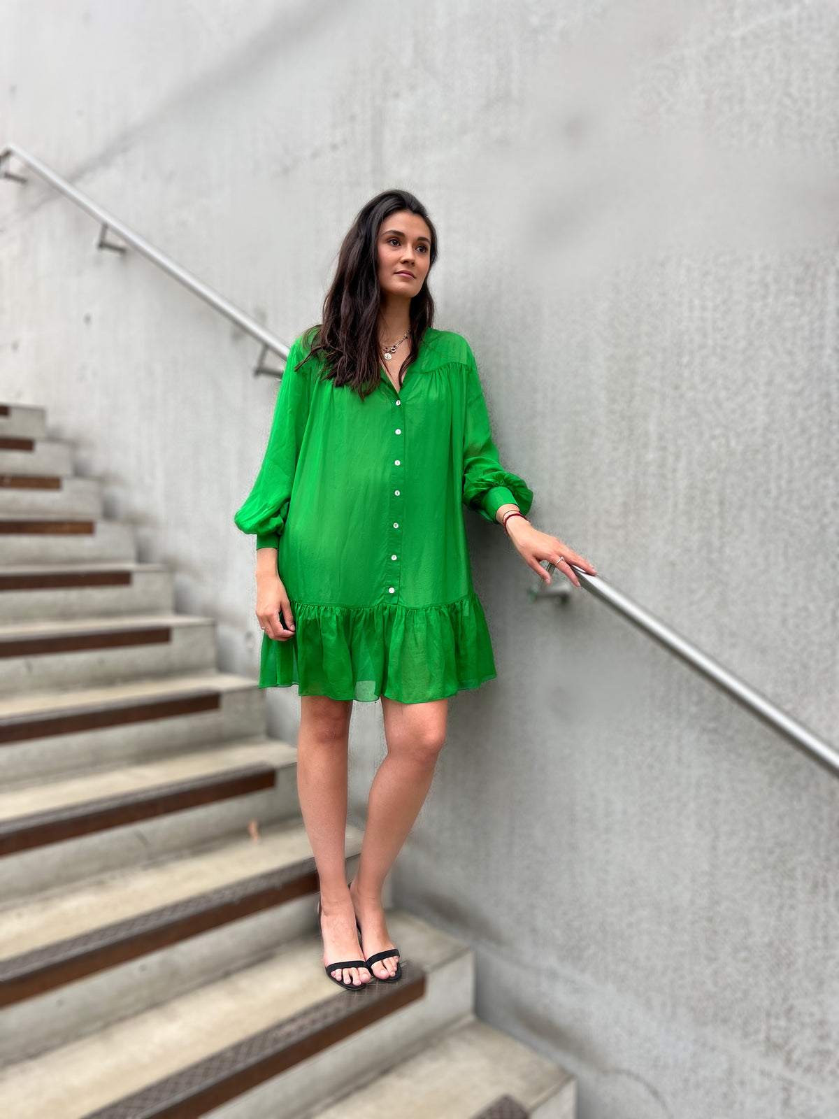 Green Silk Tulle Chiffon Flowy Midi Dress Minimalist Design