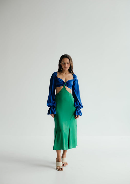 Bridesmaid Two Color Mix and Match Wedding Guest Party Cocktail Dress in Blue and Green
