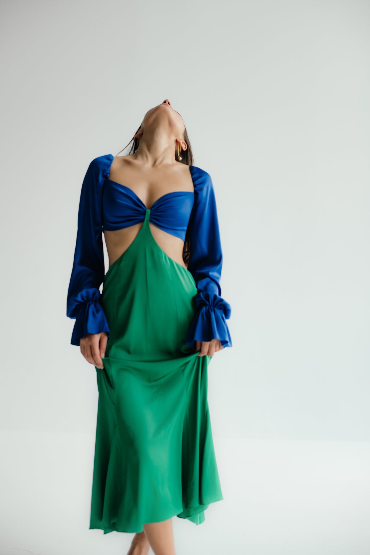 Bridesmaid Two Color Mix and Match Wedding Guest Party Cocktail Dress in Blue and Green