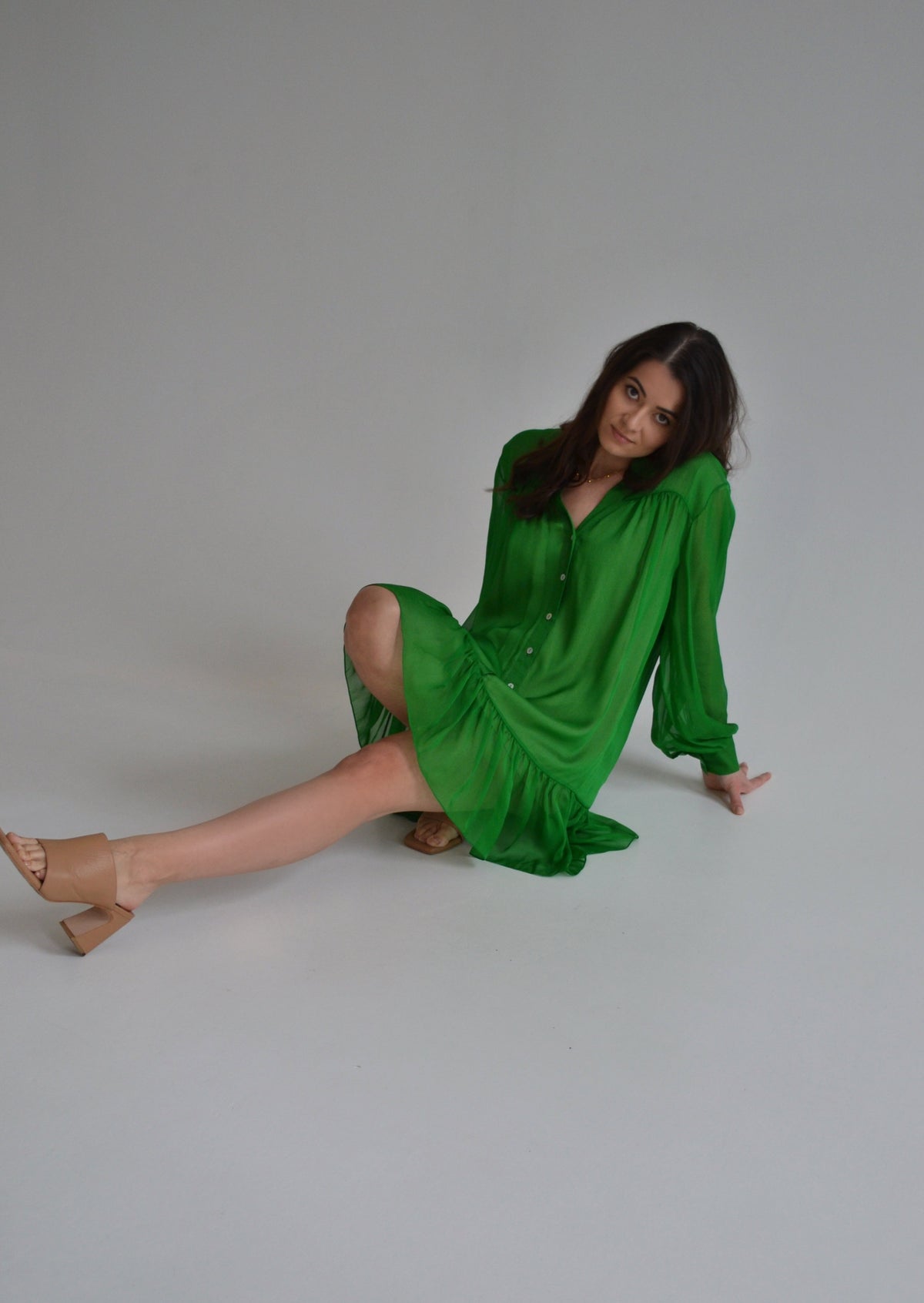 Green Silk Tulle Chiffon Flowy Midi Dress Minimalist Design