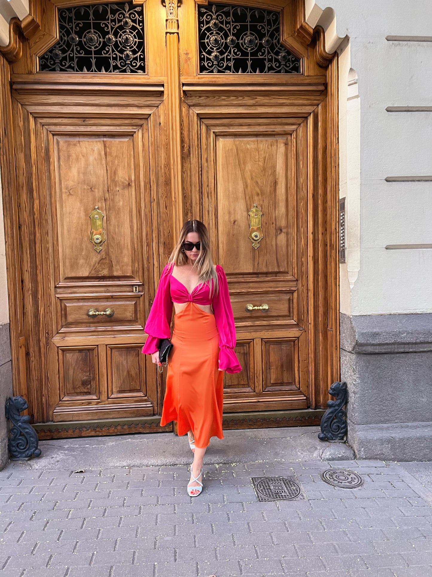 Bridesmaid Two Color Mix and Match Wedding Guest Party Cocktail Dress in Fuchsia Orange