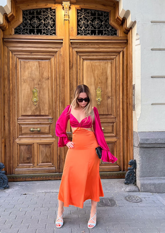 Bridesmaid Two Color Mix and Match Wedding Guest Party Cocktail Dress in Fuchsia Orange