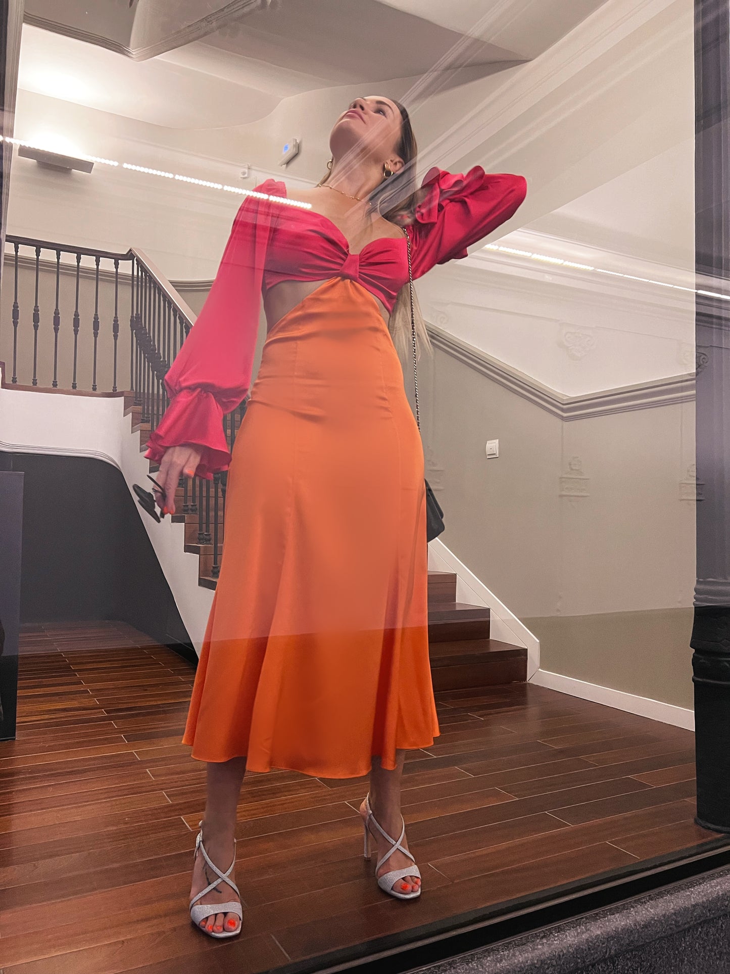 Bridesmaid Two Color Mix and Match Wedding Guest Party Cocktail Dress in Fuchsia Orange