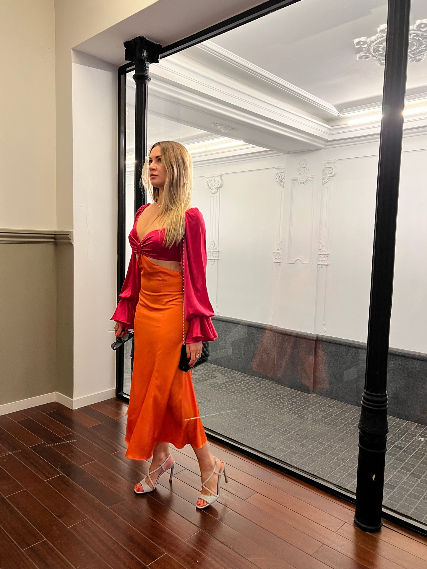 Bridesmaid Two Color Mix and Match Wedding Guest Party Cocktail Dress in Fuchsia Orange