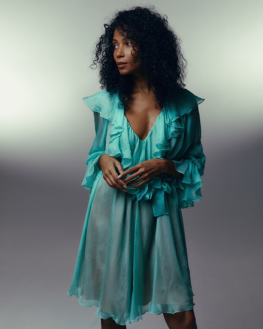 Turquoise Ruffle Midi Dress | Aqua Cocktail Guest Dress, Romantic Evening Wear