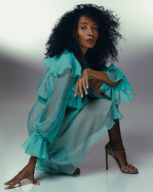 Turquoise Ruffle Midi Dress | Aqua Cocktail Guest Dress, Romantic Evening Wear